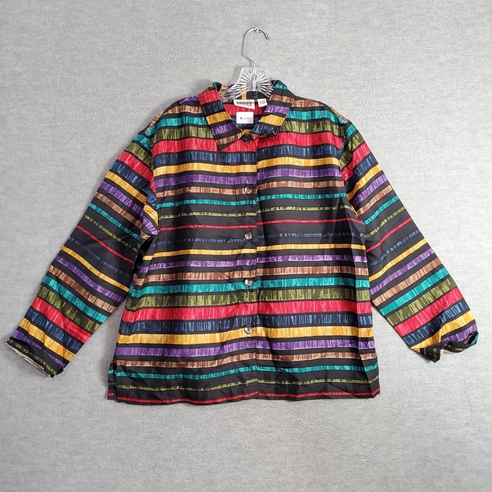 Chico's Women Top 2 Red Striped Button Up 100% Silk‎ Colorful Long Sleeve Collar